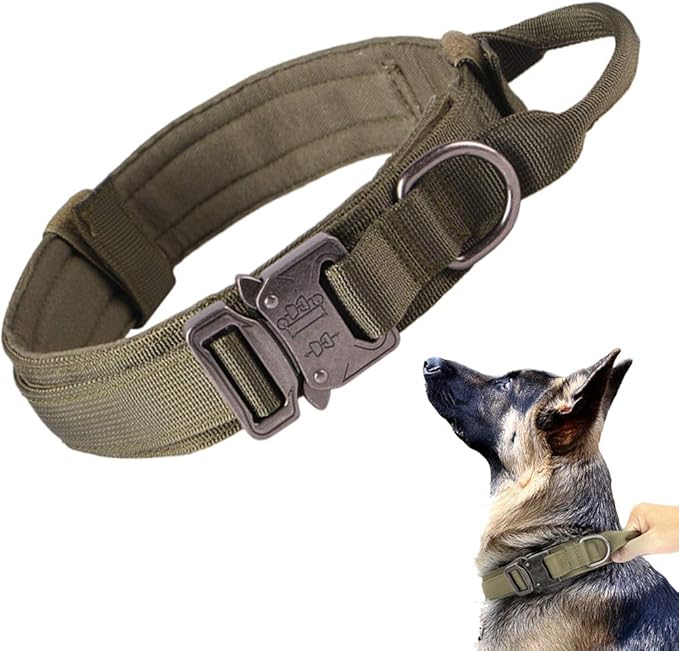 Tactical Dog Collar for Large Dogs with Control Handle,Green,XL | 1000D Heavy-Duty Nylon Fabric，Quick-Release Metal Buckle，Soft-Padded Webbing，Velcro Patch&D-Ring for Training and Hiking