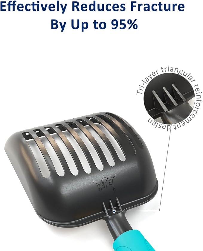 Cat Litter Scoop, Non-Stick Plated Aluminum Alloy Sifter, Kitty Durable Metal Scooper, Deep Shovel, Long Handle, Kitten Pooper Lifter, Size Medium, Coated Black Body with Turkish Blue Handle