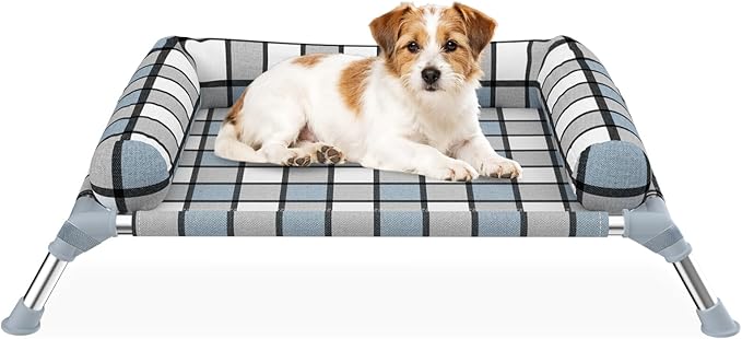 Elevated Dog Bed with Bolster,Portable Raised Lifted Pillow Pet Cot Beds | Breathable Fabric Dogs Hammock Bed for Indoor & Outdoor, Stainless Steel Frame, Anti-Slip Feet