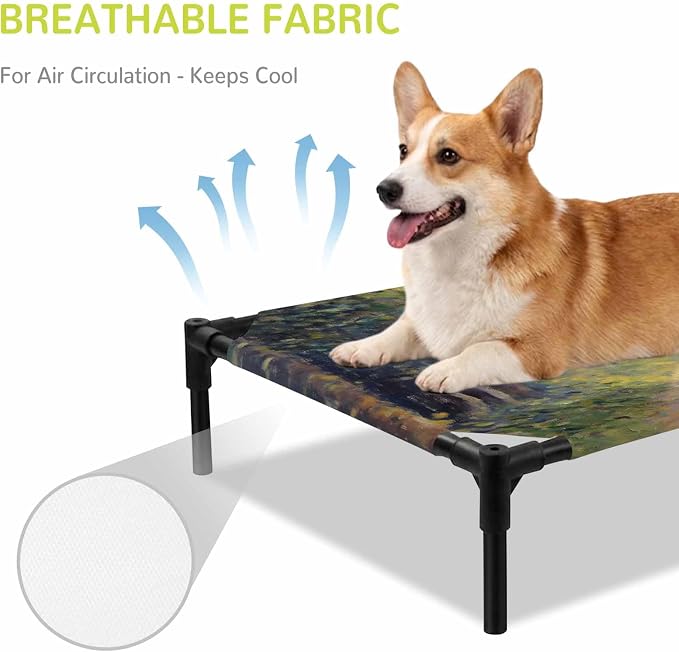 Outdoor Elevated Dog Bed for Medium Dogs, Farmhouse Forest Breathable Cooling Raised Dog Cot for Indoor/Outdoor, Pastoral Country Sun Light Trees Waterproof Elevated Pet Beds, M 24 x 20 in