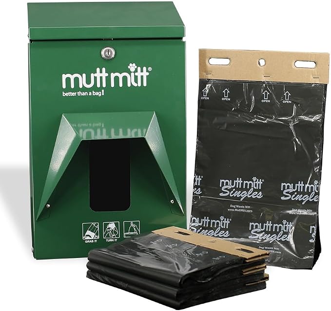 Mutt Mitt® Aluminum Dog Waste Starter Station - Gloss Green | Singles | Rust-proof aluminum dispenser, includes 400 header bags, locking hood, fits all 5" header refills, hardware included