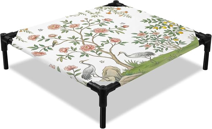 Outdoor Elevated Dog Bed for Small Dogs, Pink Flowers Breathable Cooling Raised Dog Cot for Indoor/Outdoor, Trees Weeping Spring Floral Birds Waterproof Elevated Pet Beds, S 20 x 20 in