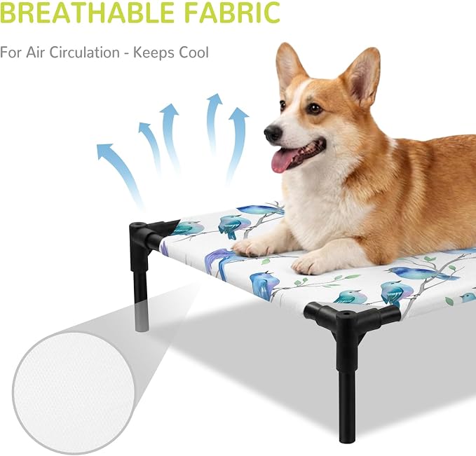 Outdoor Elevated Dog Bed for Large Dogs, Cute Birds Ombre Blue Breathable Cooling Raised Dog Cot for Indoor/Outdoor, Spring Country Animals Branches Waterproof Elevated Pet Beds, L 28 x 22 in