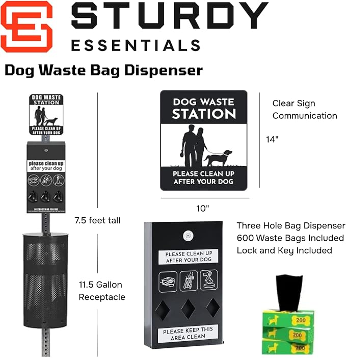 Premium Steel Dog Waste Station - Pet Waste Station | Durable pet stations for dogs with Easy Bag System, Weatherproof Waste Disposal, 300 Dog Waste Bags & 25 Liners
