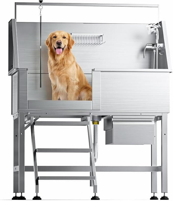 46" Dog Washing Station, 304 Stainless Steel, 440 lb, Side Step | hot cold faucet, fixed sprayer, shampoo dispenser, storage drawer, S-trap, hair filter, garage outdoor grooming