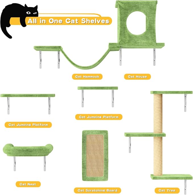 6-in-1 Cat Wall Shelves, Wall Mounted Cat Climber with Condo House, Scratching Post, Bridge Ladder, Space-Saving Indoor Play Furniture for Kittens, Green