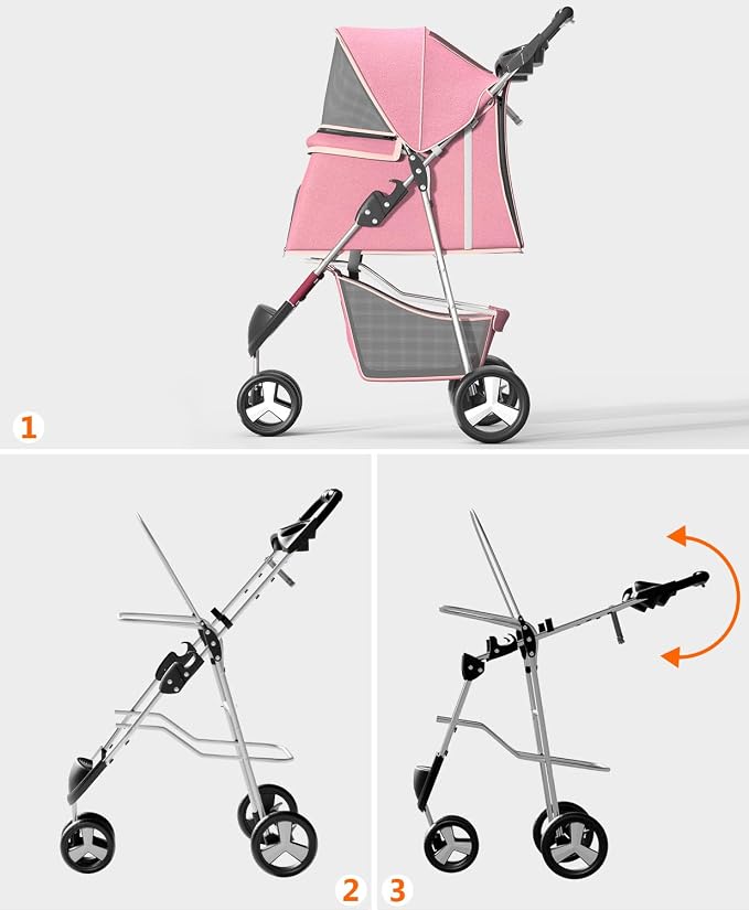 OS MOTOR 3 Wheels Pet Stroller for Small Medium Pets, Pink | Foldable Carrier Jogger, Rear Wheel Breaks, Storage Basket, Visible Mesh Weather Cover, Portable, Dog, Cat, Puppy, Kitty