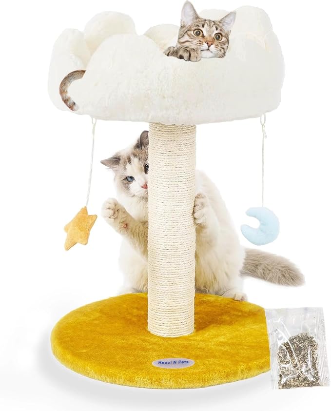 Happi N Pets Cloud Cat Tree, Cat Scratching Post with Bed, Small Cat Tree for Kittens, Cat Scratch Post with Cloud-Shaped Soft Perch & Cute Toys, Removeable Cover, Bonus Catnip