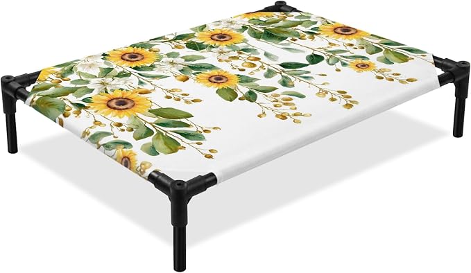 Outdoor Elevated Dog Bed for Large Dogs, Hanging Floral Breathable Cooling Raised Dog Cot for Indoor/Outdoor, Spring Botanical Sunflower Green Leaves Waterproof Elevated Pet Beds, L 28 x 22 in