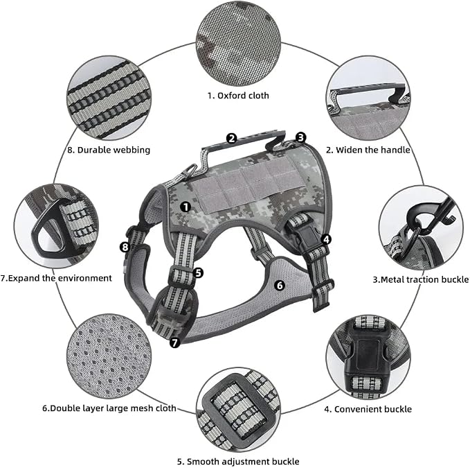 Tactical Dog Harness with Leash for Large Dogs, No Pull Adjustable Dog Harness, Reflective K9 Working Pet Vest for Walking, Training (Camouflage Grey, XL)