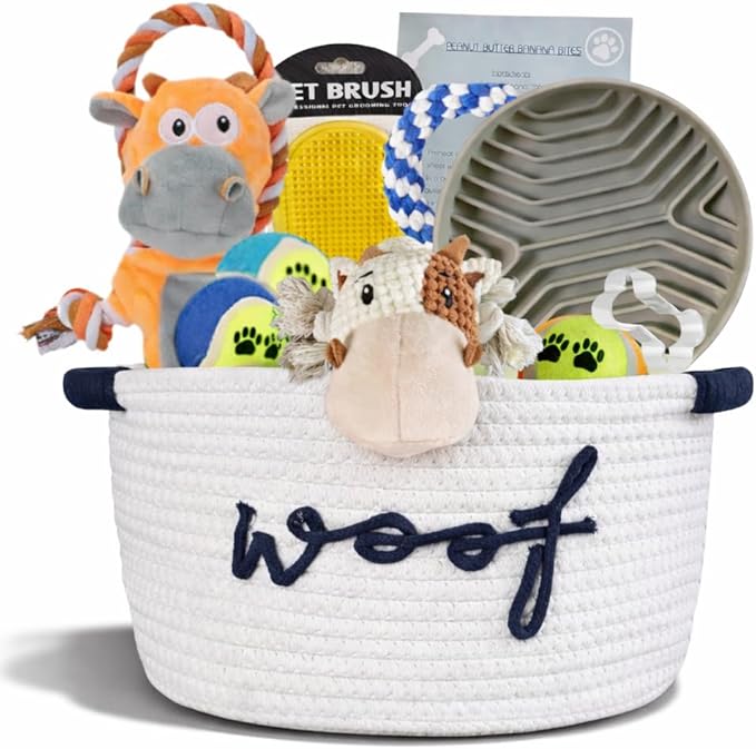 Paws For Reaction New Puppy Gift Basket - Premium Puppy Starter Kit and Dog Gift Basket with Dog Toys - Perfect Doggie Birthday Gifts and Puppy Necessities with Pet Toy Basket.