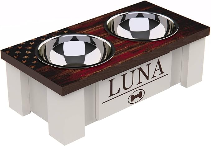 Elevated Dog Bowls for Small Dogs, Personalized Food Stand for Toy Breed | Farmhouse Style, Elevated Wood Stand, Storage Container, Stainless Steel Bowls, Raised Anti-Slip Feeder, Made in USA