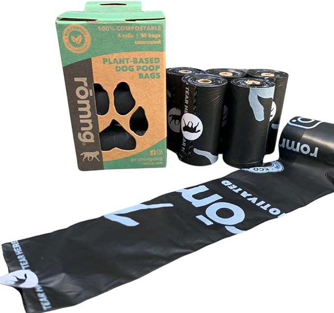 ROMNG Compostable Dog Poop Bags, Plant-Based, TUV Certified, Unscented, Leak-Proof, 12 Rolls, 180 Bags, Black