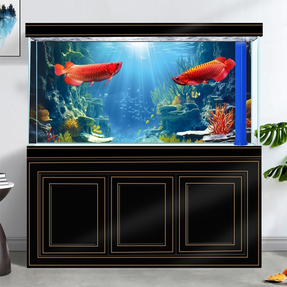 30X12IN Blue Sea Floor Aquarium Background, Natural Underwater World 3D Effect Fish Tank Decorations Background, Art Terrarium Background with 8 EVA Double-Sided Tape