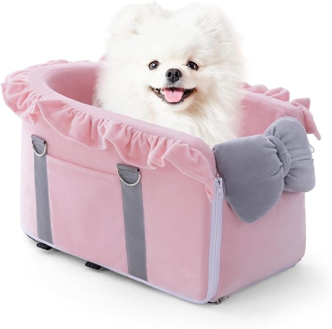 Jaoul Dog Car Seat for Small Dogs - Fully Detachable with Adjustable Straps Center Console Dog Car Seat - Comfortable Bow Design Pet Seats - Portable Pet Booster for Puppy, Cat (Pink Gray)