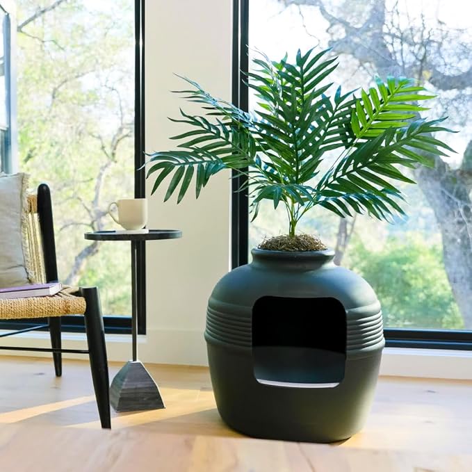 Good Pet Stuff Original Hidden Litter Box Planter, Decorative Cat Litter Enclosure with Carbon Filter, Artificial Palm Plant, Upgraded Design, Easy Clean Litter Tray, Essentials Kit, Black Suede
