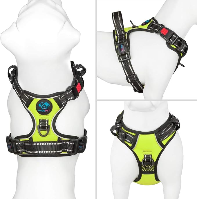 Reflective Dog Harness Large Breed Adjustable No Pull Vest | with Handle 2 Metal Rings 3 Buckles [Easy to Put on & Take off](L, Green)