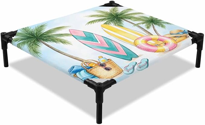 Outdoor Elevated Dog Bed for Small Dogs, Summer Beach Surfboard Breathable Cooling Raised Dog Cot for Indoor/Outdoor, Tropical Palm Tree Swimming Ring Waterproof Elevated Pet Beds, S 20 x 20 in