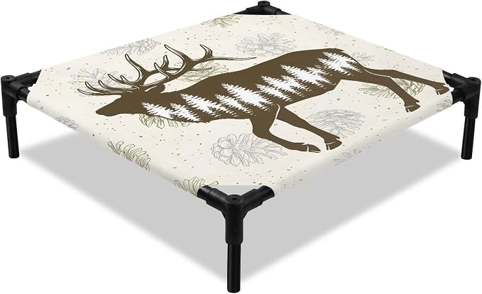 Outdoor Elevated Dog Bed for Small Dogs, Brown Moose Breathable Cooling Raised Dog Cot for Indoor/Outdoor, Trees Pine Cones Elegant Pastoral Waterproof Elevated Pet Beds, S 20 x 20 in