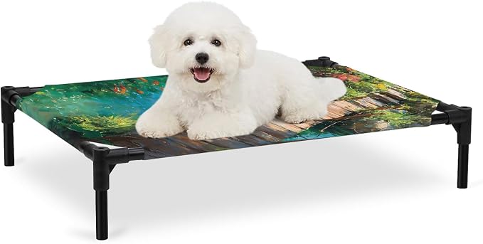 Outdoor Elevated Dog Bed for Medium Dogs, Wooden Bridge Pond Breathable Cooling Raised Dog Cot for Indoor/Outdoor, Spring Floral Fish Waterproof Elevated Pet Beds, M 24 x 20 in