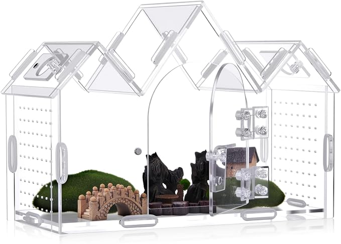 Weysat Jumping Spider Enclosure 9.5" x 3.9" x 6.7" Acrylic Tarantula Enclosure Castle Style Insect Terrarium with Magnetic Door Transparent Terrarium for Reptiles, Amphibians and Spiders