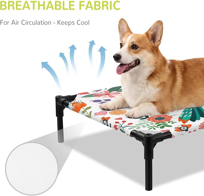 Outdoor Elevated Dog Bed for Large Dogs, Birds Flowers Breathable Cooling Raised Dog Cot for Indoor/Outdoor, Cartoon Sunny Colorful Botanical Floral Waterproof Elevated Pet Beds, L 28 x 22 in