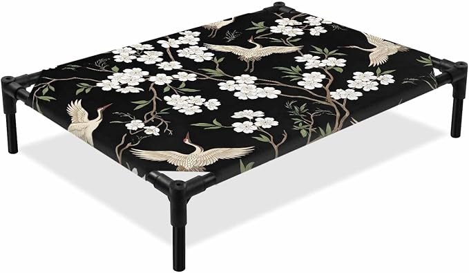 Outdoor Elevated Dog Bed for Medium Dogs, Spring Floral Breathable Cooling Raised Dog Cot for Indoor/Outdoor, Branches Birds Flowers Modern Art Waterproof Elevated Pet Beds, M 24 x 20 in