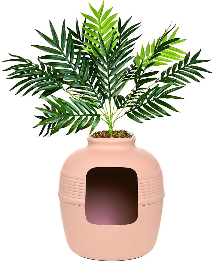 Good Pet Stuff Original Hidden Litter Box Planter, Decorative Cat Litter Enclosure with Carbon Filter, Artificial Palm Plant, Upgraded Design, Easy to Clean, Base Kit, Pink Coral