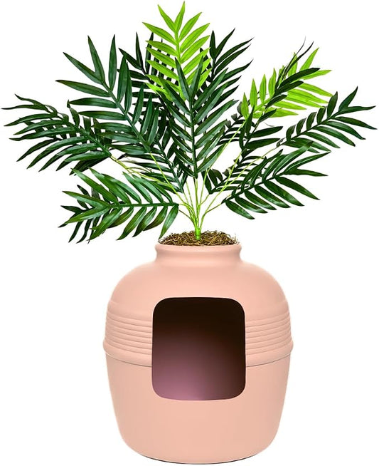 Good Pet Stuff Original Hidden Litter Box Planter, Decorative Cat Litter Enclosure with Carbon Filter, Artificial Palm Plant, Upgraded Design, Easy to Clean, Base Kit, Pink Coral