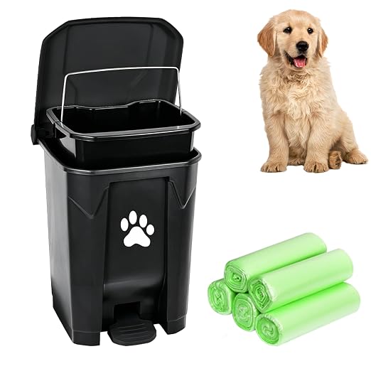 Outdoor Dog Poop Trash Can, Dog Waste Trash Can for Backyard Garden Home with Lid, Removable Inner Bin, Green Waste Bag, Black Fully Assembled