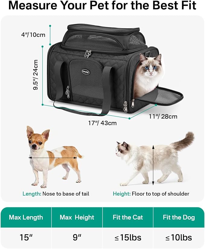 Cat Carrier Airline Approved 17x11x9.5 Inches, Top Expandable Soft Sided Pet Travel Carrier for Cats & Small Dogs, Fits Under Airline Seat with Locking Zippers, Black