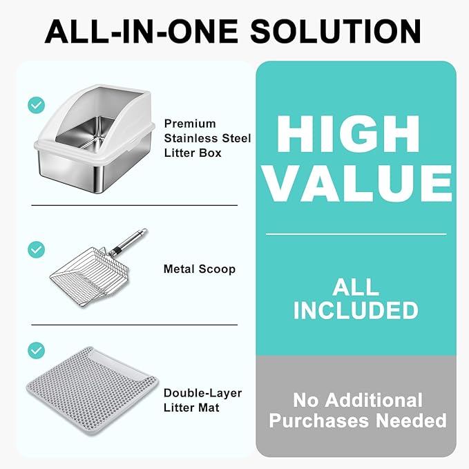 Stainless Steel Litter Box | XL Enclosed Cat Litter Boxes with Lid for Big Cats | High Sided, Anti-Urine Leakage | Non-Stick Bottom & Includes Litter Mat & Metal Scoop