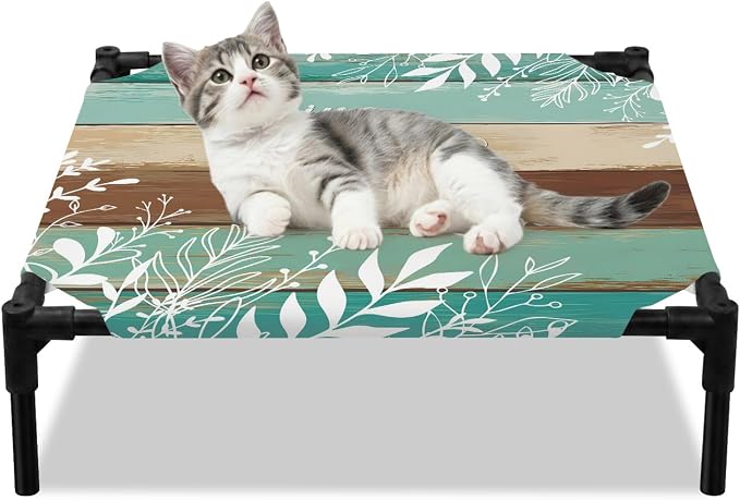 Outdoor Elevated Dog Bed for Small Dogs, Teal Green Brown Botanical Breathable Cooling Raised Dog Cot for Indoor/Outdoor, Farmhouse Wooden Leaves Waterproof Elevated Pet Beds, S 20 x 20 in