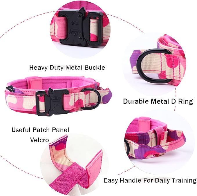 Tactical Dog Collar for Large Dogs with Control Handle,Pink Camo,M | 1000D Heavy-Duty Nylon Fabric,Quick-Release Metal Buckle,Adjustable Fit,Soft-Padded Webbing,D-Ring,for Training & Hiking