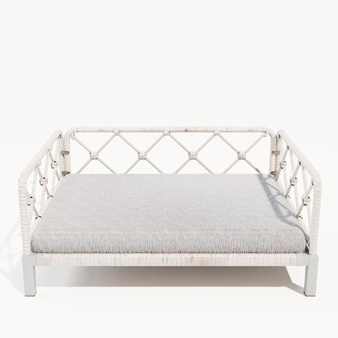 Indoor & Outdoor Dog Bed, Elevated All-Weather Wicker Pet Sofa with Washable Waterproof Cushion, Durable Rattan Dog Couch for Small Dogs, White Rattan/Grey Mat