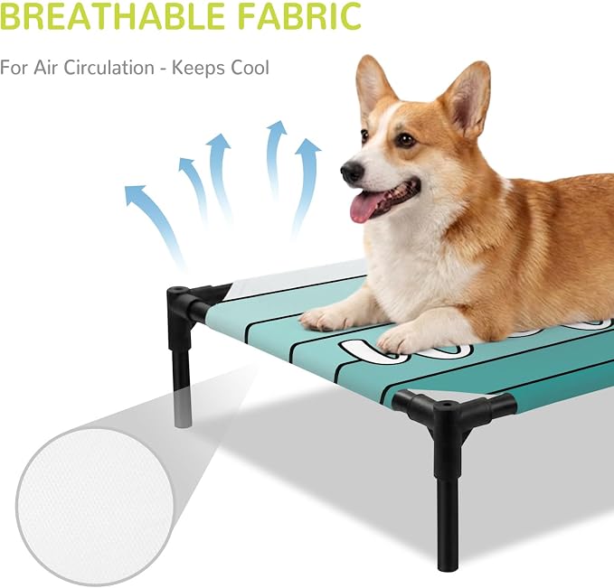 Outdoor Elevated Dog Bed for Large Dogs, Teal Green Wooden Grain Breathable Cooling Raised Dog Cot for Indoor/Outdoor, Gradient Farmhouse Wood Plank Waterproof Elevated Pet Beds, L 28 x 22 in