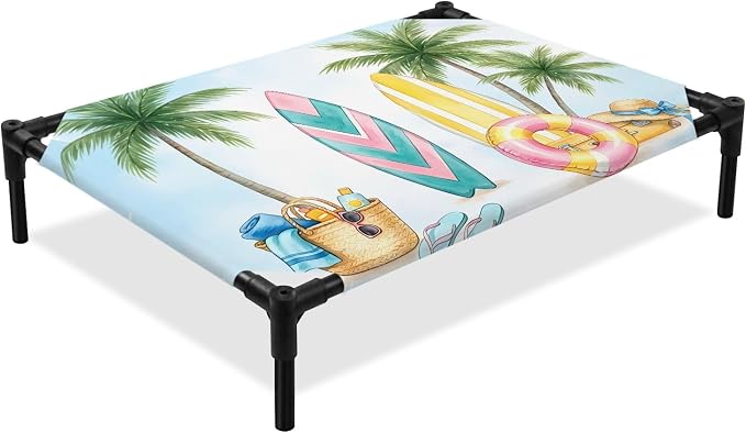 Outdoor Elevated Dog Bed for Large Dogs, Summer Beach Surfboard Breathable Cooling Raised Dog Cot for Indoor/Outdoor, Tropical Palm Tree Swimming Ring Waterproof Elevated Pet Beds, L 28 x 22 in