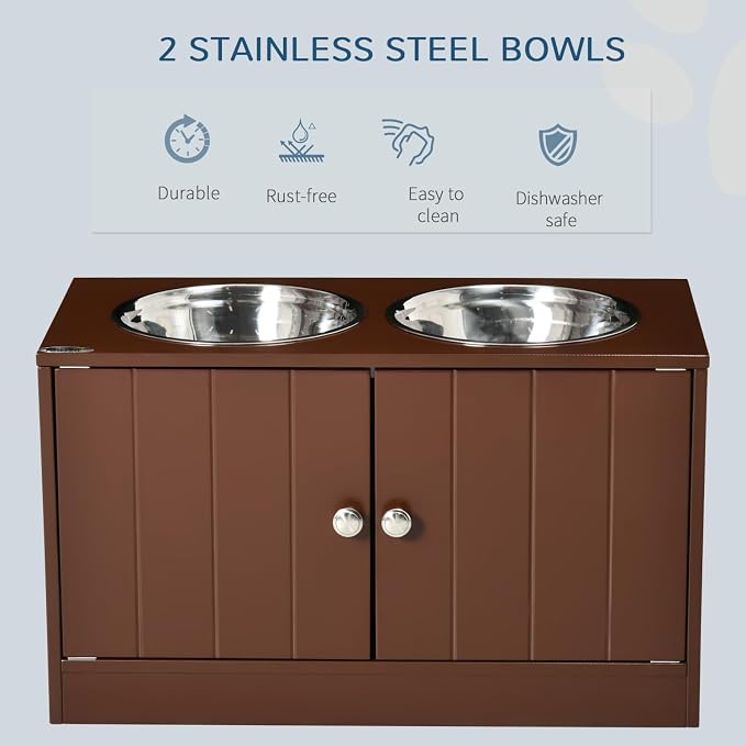 Large Elevated Dog Bowls with Storage Cabinet Containing 44L Capacity, Raised Bowl Stand Pet Food Feeding Station, Brown, Easy-Install