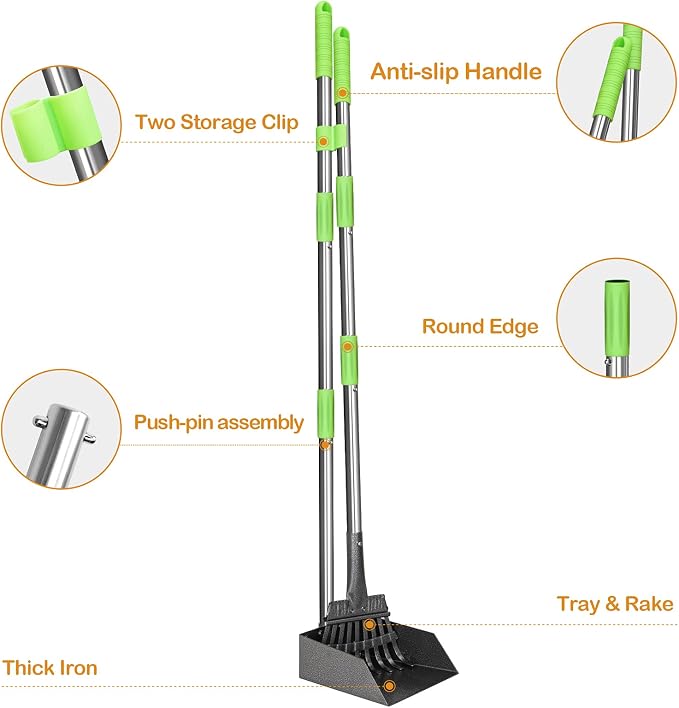 Pooper Scooper, Dog Pooper Scooper Long Handle Stainless Metal Tray and Rake for Medium Small Dogs Heavy Duty Pet Supplies to Use for Grass, Dirt or Gravel (Pack of 2)