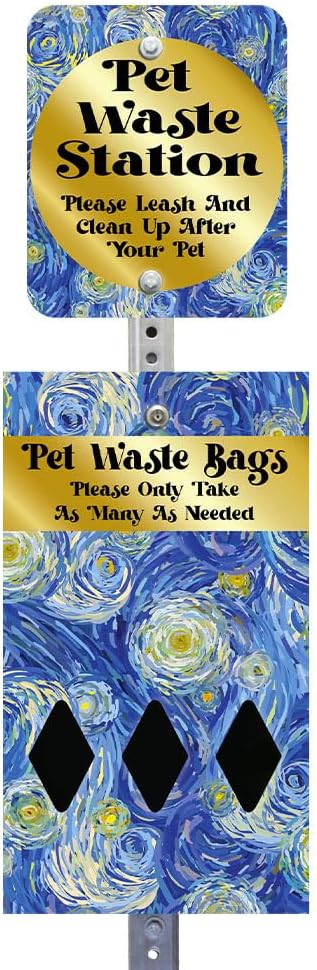 Zero Waste USA - DISPENSE-ART™ Mini Dog Waste Station - Starry Night | UV-printed aluminum bag station with 400 bags, 25% larger dispenser, installs beside existing trash cans, 10-year warranty
