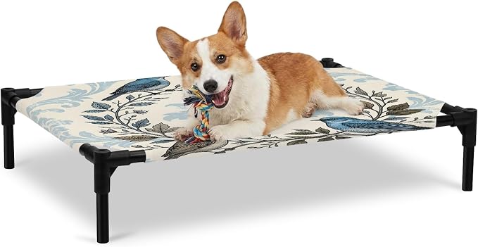 Outdoor Elevated Dog Bed for Large Dogs, Blue Floral Breathable Cooling Raised Dog Cot for Indoor/Outdoor, Rustic Birds Flowers Vintage Branch Garland Waterproof Elevated Pet Beds, L 28 x 22 in