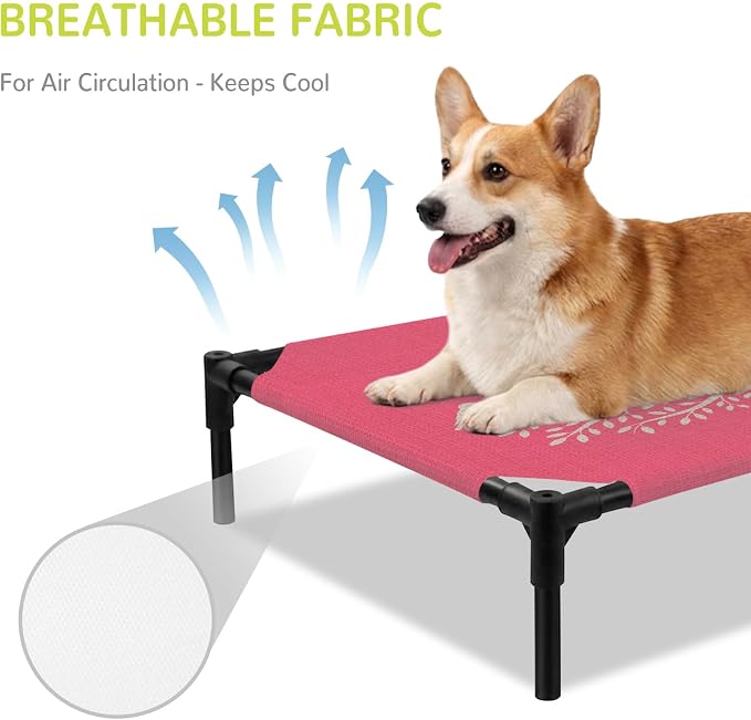 Outdoor Elevated Dog Bed for Large Dogs, Black Tree Breathable Cooling Raised Dog Cot for Indoor/Outdoor, Birds Vintage Farmhouse Pink Waterproof Elevated Pet Beds, L 28 x 22 in