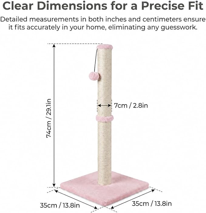 Dimaka Tall Cat Scratching Post, Claw Scratcher with Sisal Rope and Covered with Soft Smooth Plush, Vertical Scratch [Full Strectch] for Standard Size Cats (Pink, 29 inches for All Cats)