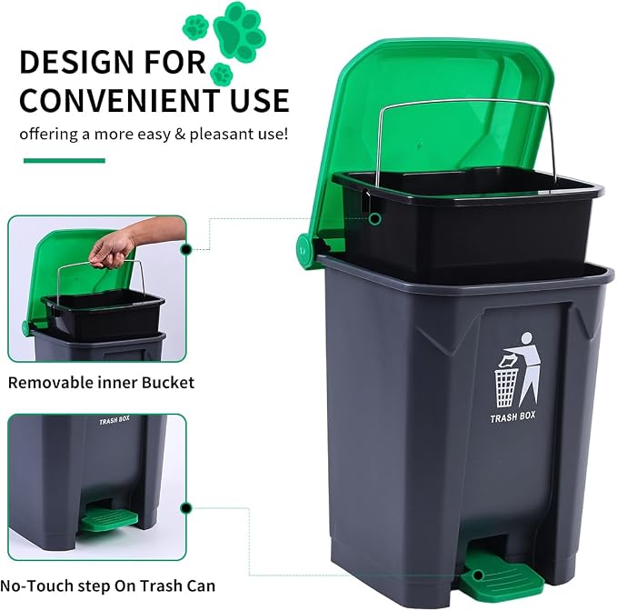 Pooper Scooper 2 Pack with 20 Litre Step Dog Poop Trash Can, 28" Long Handle Dog Poop Scoopers for Large Small Dogs Heavy Duty, Removable Inner Bucket for Outdoors, 50 Waste Bags Included (Green)