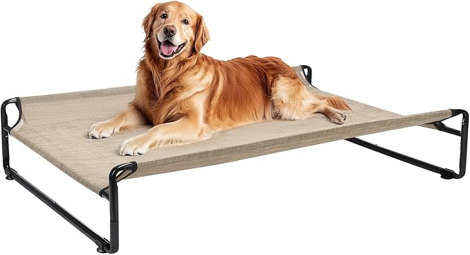 Veehoo Outdoor Elevated Dog Bed, Cooling Raised Dog Beds for Large Dogs | Washable Dog Cot with Headrest Sides, Non-Skid Feet, Breathable Mesh, Cooling Pet Hammock for Indoor or Camping, 42", Beige