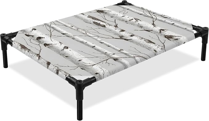 Outdoor Elevated Dog Bed for Large Dogs, White Branch Breathable Cooling Raised Dog Cot for Indoor/Outdoor, Natural Tree Forest Country Mottled Trunk Plants Waterproof Elevated Pet Beds, L 28 x 22 in