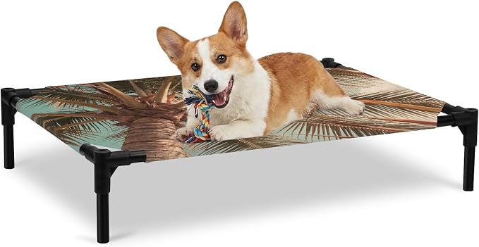 Outdoor Elevated Dog Bed for Large Dogs, Summer Palm Tree Breathable Cooling Raised Dog Cot for Indoor/Outdoor, Tropical Plants Botanical Trees Waterproof Elevated Pet Beds, L 28 x 22 in