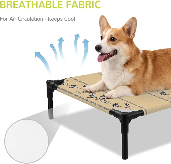 Outdoor Elevated Dog Bed for Medium Dogs, Khaki Flower Branch Breathable Cooling Raised Dog Cot for Indoor/Outdoor, Spring Summer Farmhouse Botanical Waterproof Elevated Pet Beds, M 24 x 20 in
