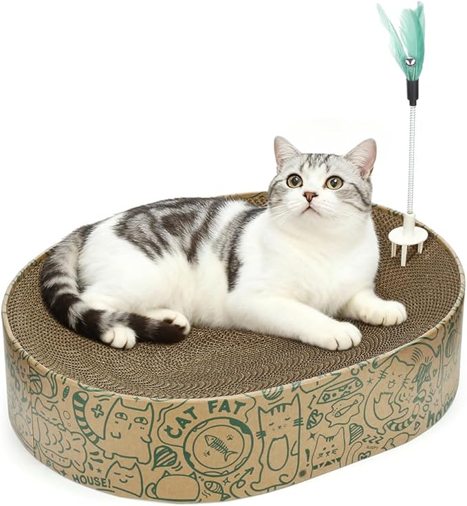Cat Scratcher Cardboard, 2in1 Oval Cat Scratcher Bed for Indoor Cats Cat, Scratch Pad Bowl with Scratching Toy, Cozy Oval Cat Scratch Bed Furniture for Kittens & Medium Size Cats(Green)