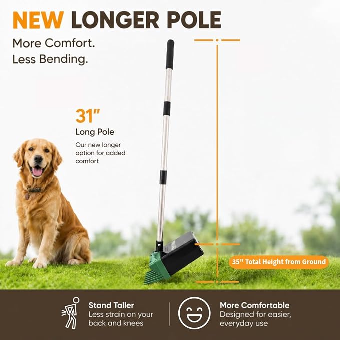 Neater Pet Brands Lift N’ Bag 2.0 Dog Pooper Scooper with Bag Attachment & 31" Pole for Small to Large Dogs, New Longer Pole, 15 Refill Bags, Heavy Duty Dog Poop Scooper for Yard, One-Hand Use